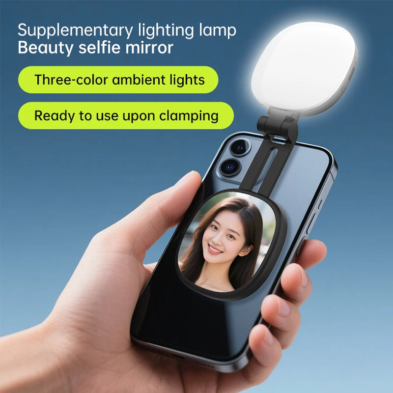 360° LED Selfie Licht mit Spiegel – Magnetisches Handy-Ringlicht für Make-up, Livestream &amp; Video